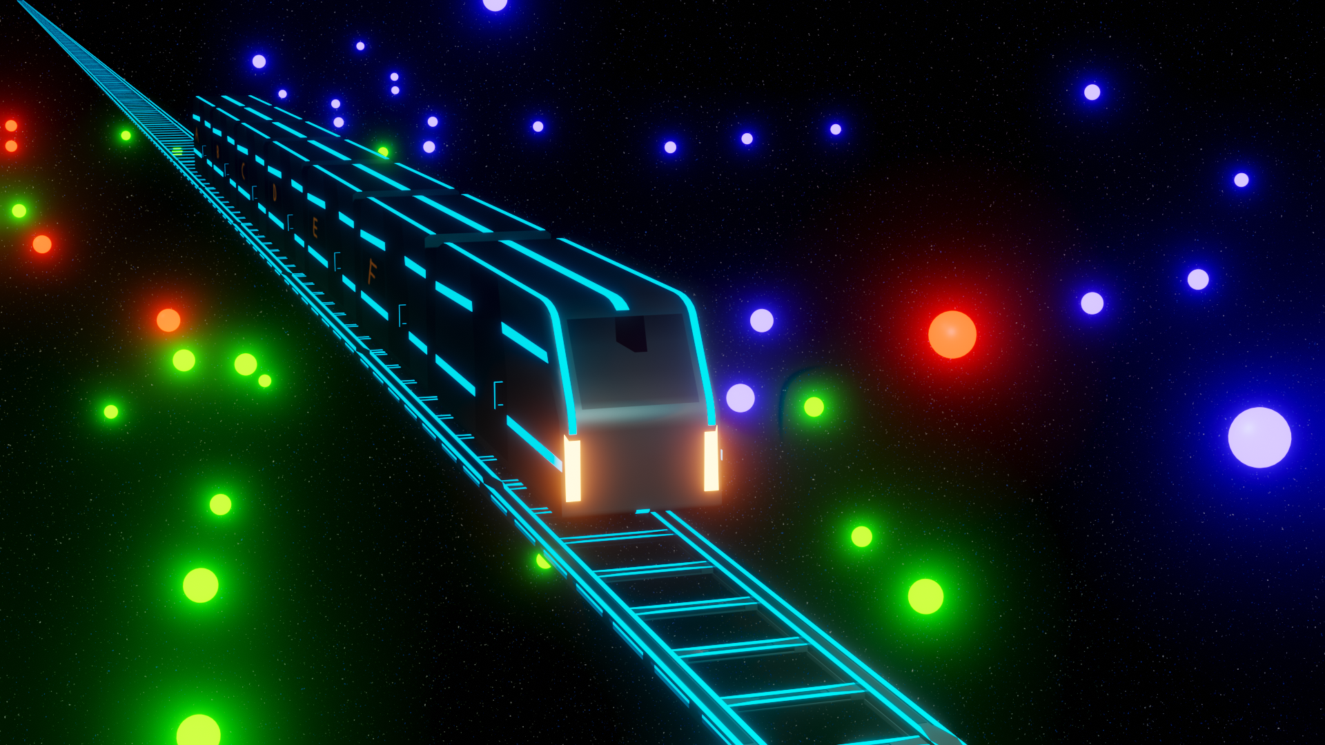 Neon train travelling on floating rails in space.